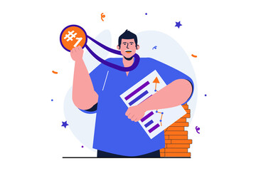 Business award modern flat concept for web banner design. Businessman receives gold medal for increasing company's profit and celebrates victory. Illustration with isolated people scene