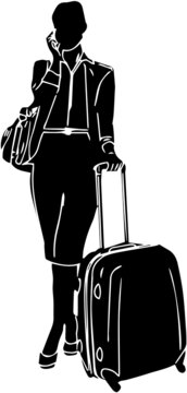 Silhouette of traveling woman with her league, Outline line art sketch of travel women