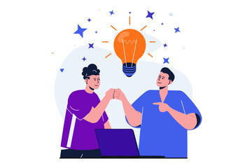 Business startup modern flat concept for web banner design. Businessmen collaborating and brainstorming, developing creative idea and working together. Illustration with isolated people scene - obrazy, fototapety, plakaty