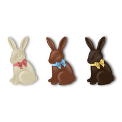 Set of chocolate Easter rabbits with colorful bows. Dark, milk and white chocolate bunnies