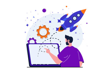 Business startup modern flat concept for web banner design. Male entrepreneur launches new project like flying spaceship, develops and achieves success. Illustration with isolated people scene