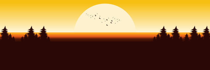 sunset landscape with tree silhouette flat design vector illustration good for wallpaper, background, backdrop, banner, tourism, and design template 
