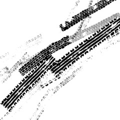 Traces from the tire tread of a car, motorcycle or bicycle. Motocross, rally, track, traces of grungy wheels. Vector texture.