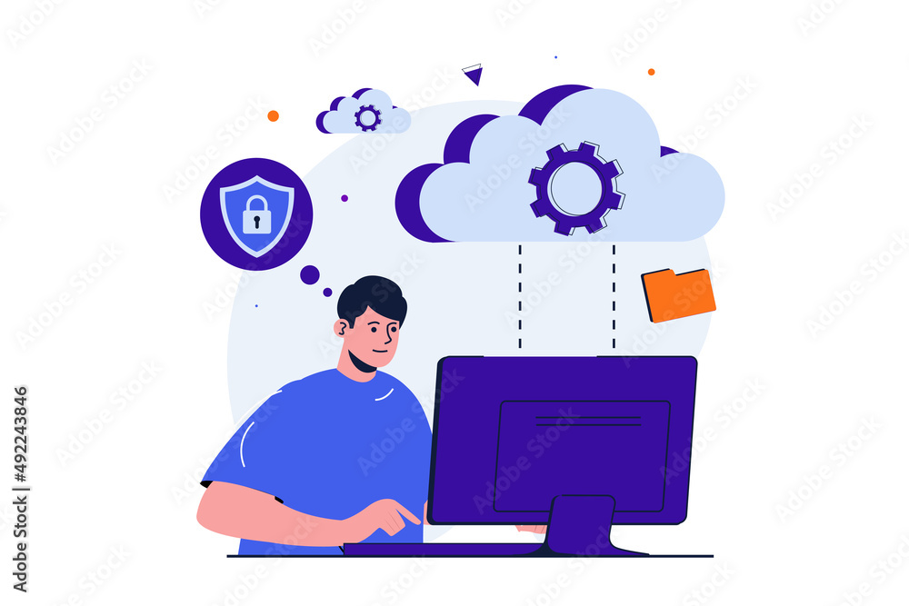 Aufkleber Cloud computing modern flat concept for web banner design. Man works at computer, uploads files to secure cloud storage and uses database service. Illustration with isolated people scene