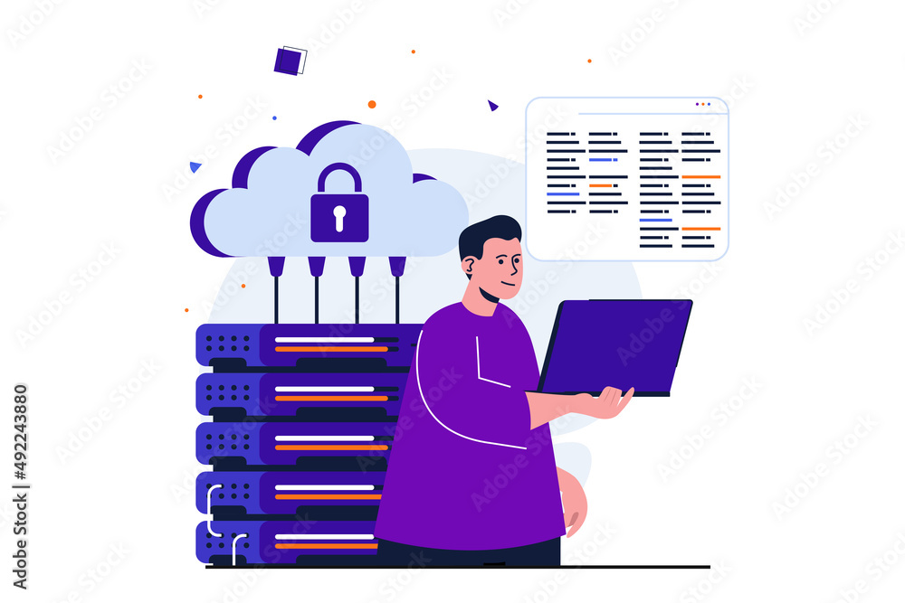 Poster cloud computing modern flat concept for web banner design. engineer works in server room, maintenanc