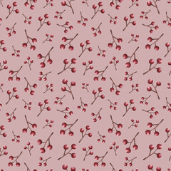 Seamless pattern with red berries, rowan branches, hand-drawn in watercolor