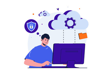 Cloud computing modern flat concept for web banner design. Man works at computer, uploads files to secure cloud storage and uses database service. Illustration with isolated people scene