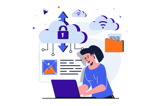 Cloud computing modern flat concept for web banner design. Woman working on laptop, processing files and images online and using cloud technologies. Illustration with isolated people scene