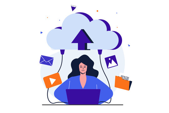 Cloud computing modern flat concept for web banner design. Woman sharing videos and images online, backing up files to cloud storage from laptop. Illustration with isolated people scene