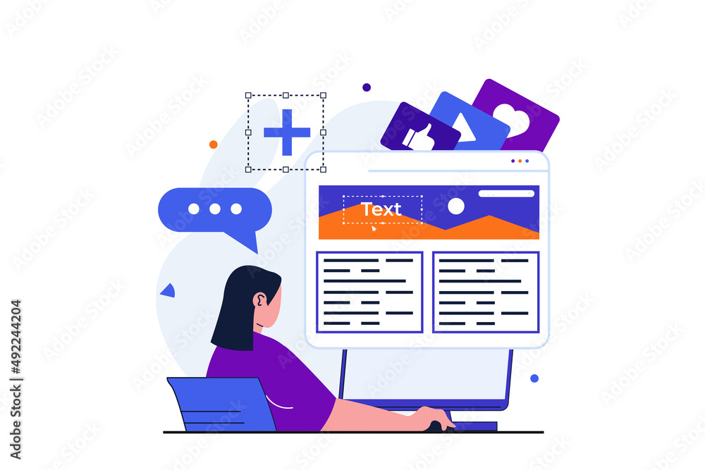 Poster content manager modern flat concept for web banner design. woman writes and publishes article on blo
