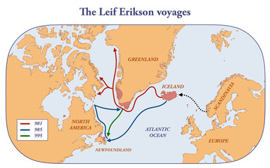 Map with the voyages of Leif Erikson