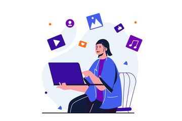 Fototapeta na wymiar Content manager modern flat concept for web banner design. Woman works on laptop, publishes according to plan video, audio and images in social networks. Illustration with isolated people scene