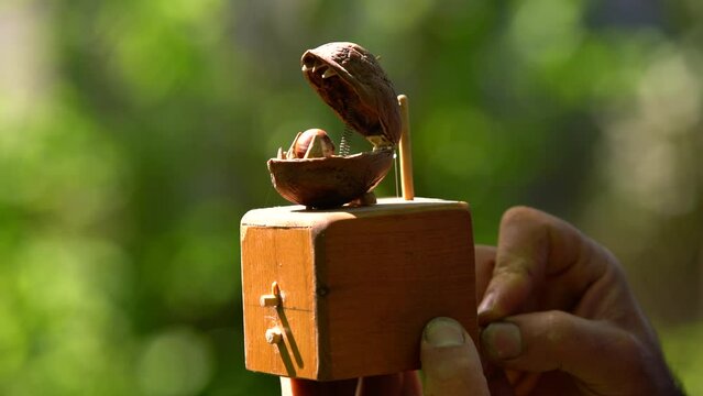 4K Wooden mechanical toy made by a Turkish master. The walnut shell is designed like a mouth. A hazelnut is placed inside the walnut shell..