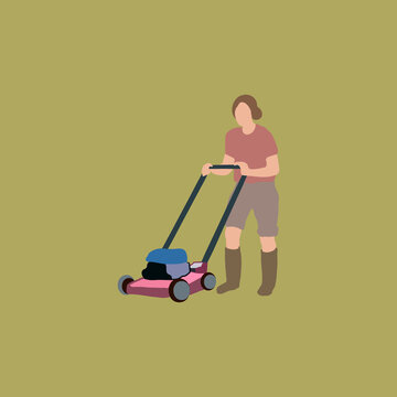 Woman Mowing The Lawn