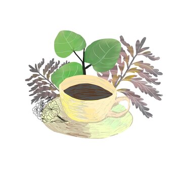 yellow coffee cup with green leaves clip art preview