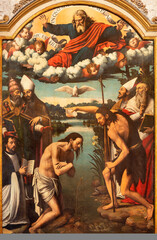 VALENCIA, SPAIN - FEBRUAR 14, 2022: The painting  of Baptism of Jesus in the Cathedral - Basilica of the Assumption of Our Lady by Vicente Macip from end of 15. cent.