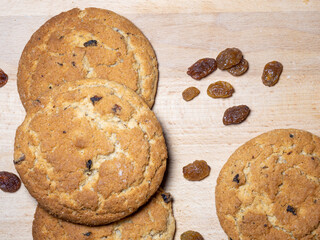 Oatmeal cookies . Cookies with raisins on the table. Raisins on the table. Sweet treat. Healthy diet.