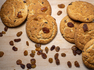 Oatmeal cookies . Cookies with raisins on the table. Raisins on the table. Sweet treat. Healthy diet.