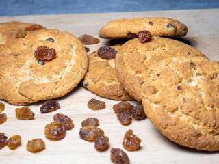 Oatmeal cookies . Cookies with raisins on the table. Raisins on the table. Sweet treat. Healthy diet.