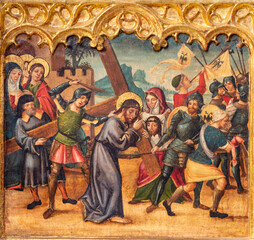 VALENCIA, SPAIN - FEBRUAR 14, 2022: The painting  of Jesus with the cross on the side altar in the...