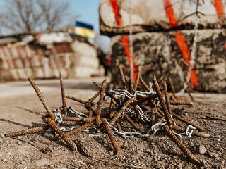 12.03.2022 Irpin, Ukraine: Homemade iron thorns to stop enemy cars, self-made checkpoint at the...