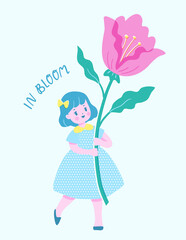 Cute girl in a dress holding a big flower. Vector illustration of a small child with a spring flower in trendy retro style.