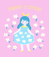 Vector illustration of a girl among spring flowers. Cute child in a floral dress in trendy retro style. Card or banner template design.