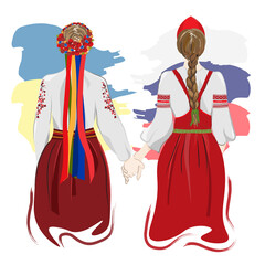 Beautiful girls of different nationalities hold hands. Traditional costumes and country flag. Vector illustration