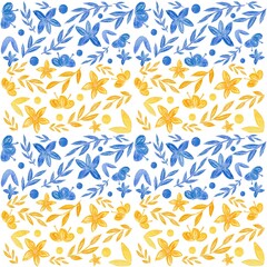 Fototapeta na wymiar Bright watercolor seamless pattern with botanical elements. Colorful pattern for various products in support of Ukraine.