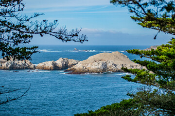 View from 17 Mile Drive of the Pacific coast and a small mountain island