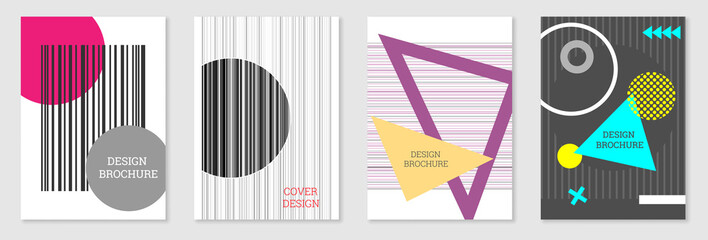 Set of cover design in Memphis style. Geometric design, abstract background. Fashionable bright cover, banner, poster, booklet. Creative colors.