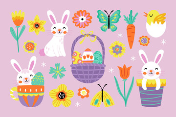 Easter holiday cute element set. Childish print for cards, stickers, banner and decoration