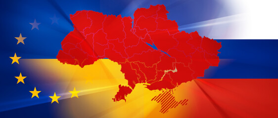 flag of Europe and Russia and in the middle a simplified red outline silhouette map of the Ukraine 3d-illustration