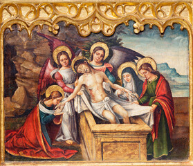VALENCIA, SPAIN - FEBRUAR 14, 2022: The painting  of Burial of Jesus on the side altar in the...