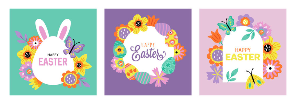 Easter holiday cute greeting card set. Childish print for cards, poster, banner and background