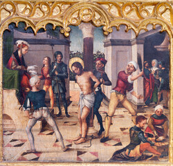 VALENCIA, SPAIN - FEBRUAR 14, 2022: The painting  of Flagellation on the side altar in the...