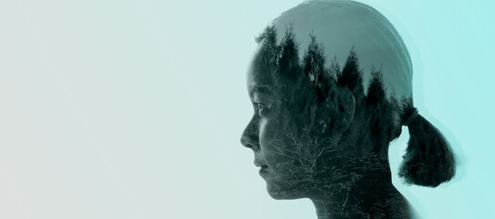 double exposure woman thinking Ecology renewable energy to reduce CO2 emissions carbon footprint climate change to limit global warming.Sustainable development and innovation green business concept.