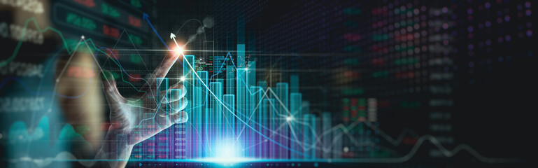 Businesswoman touching arrow graph growth analysing data to increase sales and revenue profit to achieve business investment goal and financial network connection,index global economic situation.