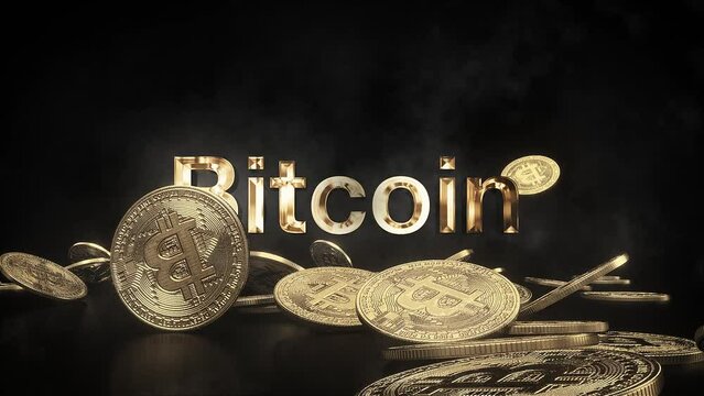 Clip en video que muestra cryptomonedas Bitcoin. Las monedas caen mientras se ven números. Diseño del concepto dinero digital