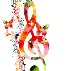   Colorful musical promotional poster with musical notes, staff and G-clef isolated vector illustration. Artistic and playful background for live concert events, music festivals and shows, party flyer  © abstract