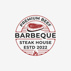 vector vintage badge label of steak house, bistro, beef, restaurant, grilled food logo template