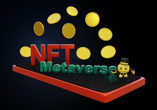 NFT und Metaverse Schriftzug mit blanken Münzen und lustigem 3d Character. 3d rendering