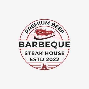 vector vintage badge label of steak house, bistro, beef, restaurant, grilled food logo template