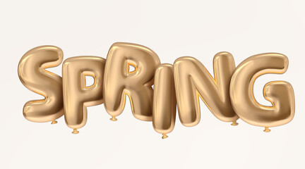 Spring word letters 3D illustration golden isolated typography with balloon style realistic rendered floating for graduation concept illustration in white clean background