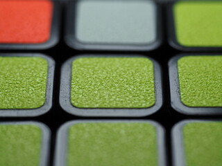Green button background. Control panel with switches. Calculator buttons