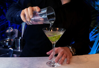 Barman serves cocktail with mint and lime at night club bar