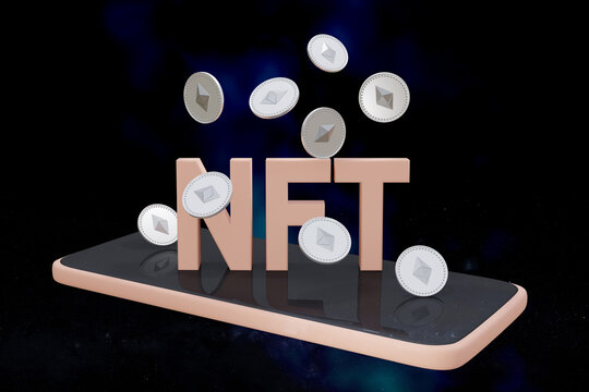 Schriftzug NFT für Non Fungible Token mit Ethereum Münzen mit verschwommenen Hintergrund. 3d Rendering