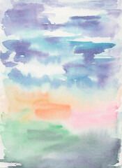 Watercolor background with clouds. Spring landscape. The texture is handmade watercolor. Gentle clouds, reflection in the water. Sunrise