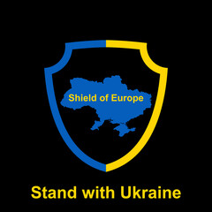 Map of Ukraine on the shield in national colors isolated on black background vector illustration. Shield of Europe concept.