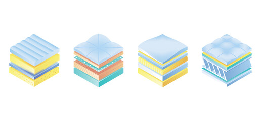 Layered orthopedic mattress icon set. Isometric bed section layers. Fabric breathable material, structure for correct sleeping position. Soft filler, comfort synthetic fiber